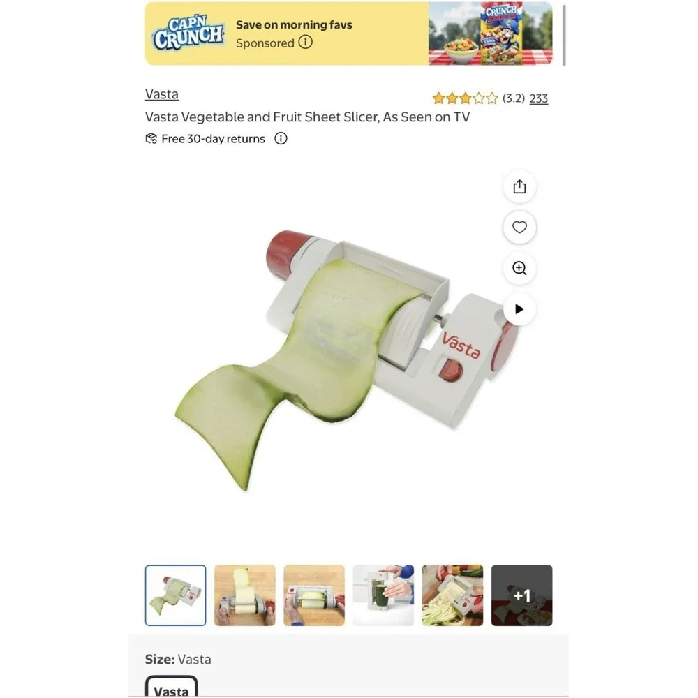 Vasta Vegetable & Fruit Sheet Slicer Manual w/ Handles, Bonus Fettuccine Blade